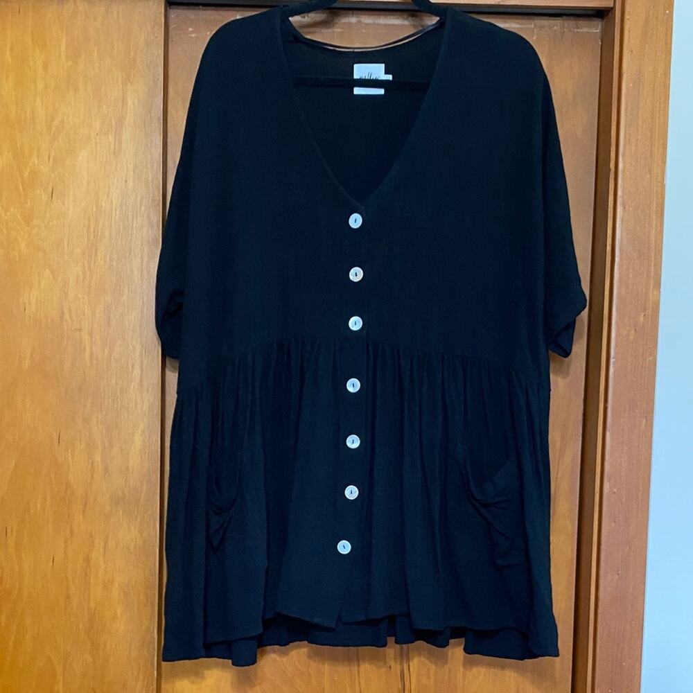 Polly Oversized 100% Cotton Black Top Shirt Tunic Short Sleeve Buttons Pockets